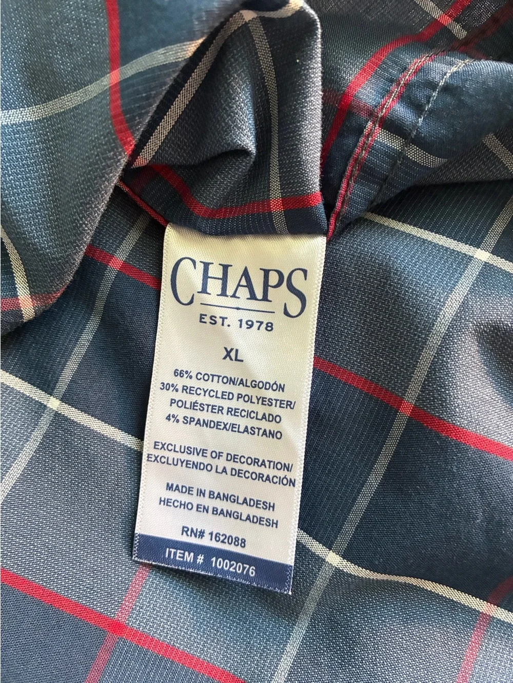 Chaps Navy Plaid Button-Down Shirt with Red and White Grid. Size XL